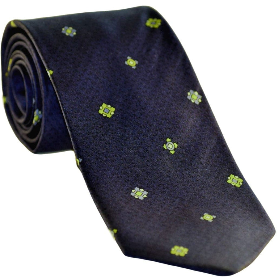 Cravata Barbati din 100% Matase Naturala - Fond Bleumarin Indigo cu accente de Bleu si Mustar -> Cod: MATASE13 - Cravata Barbati
