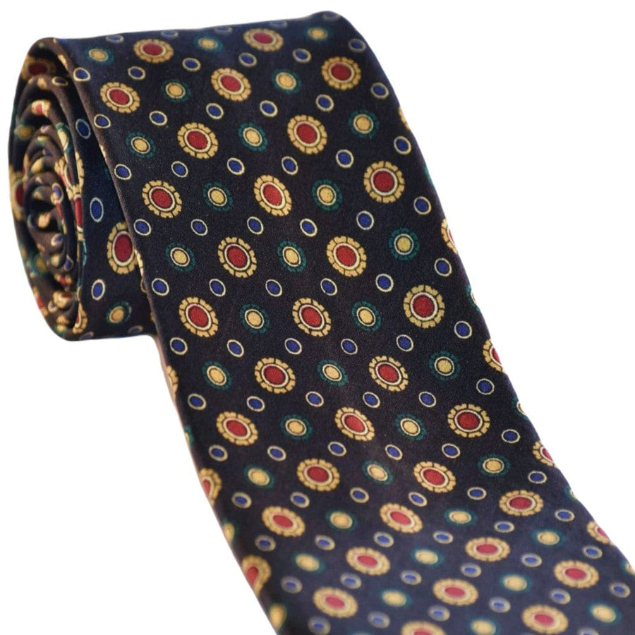 Cravata Barbati din 100% Matase Naturala - Fond Negru Intens cu accente de Mustar Rosu si Albastru -> Cod: MATASE16 - Cravata Barbati