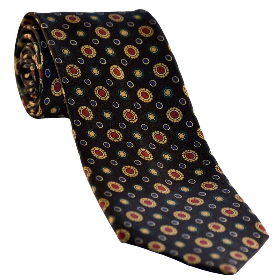 Cravata Barbati din 100% Matase Naturala - Fond Negru Intens cu accente de Mustar Rosu si Albastru -> Cod: MATASE16 - Cravata Barbati