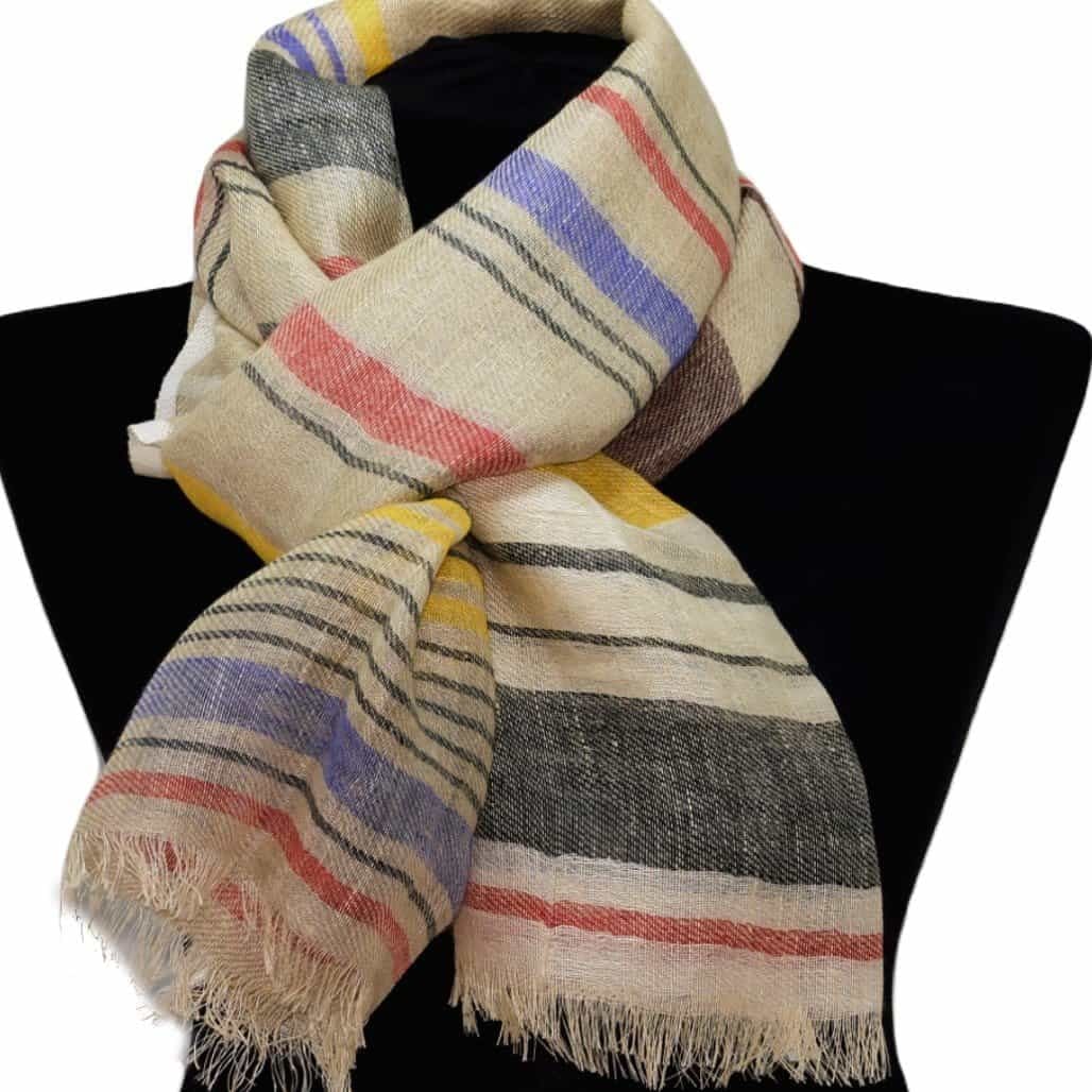 Esarfa-Sal tesuta manual din 100% IN (Linen 100%) - Natural Beige Striped -> Cod: IN01