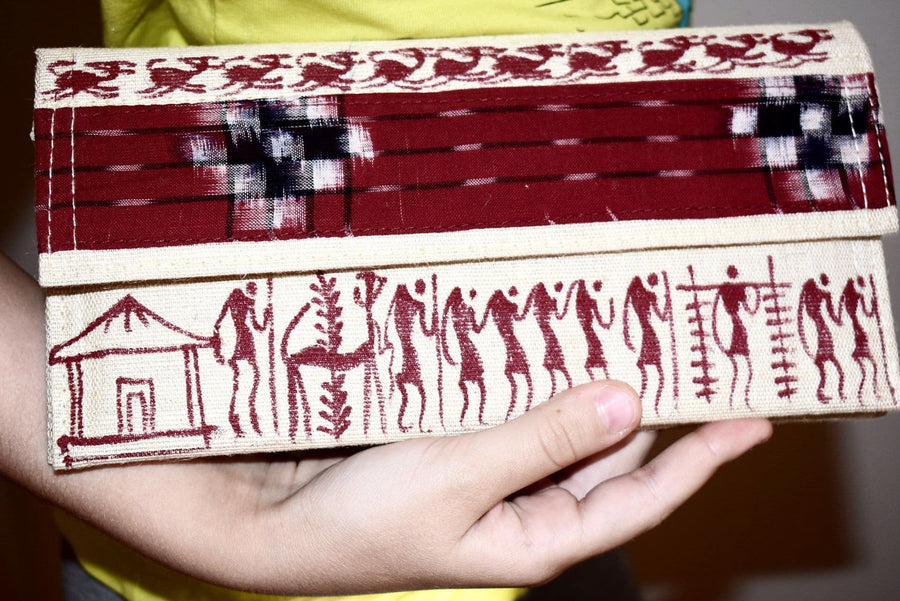 Warli Art Jute & Cloth Clutch