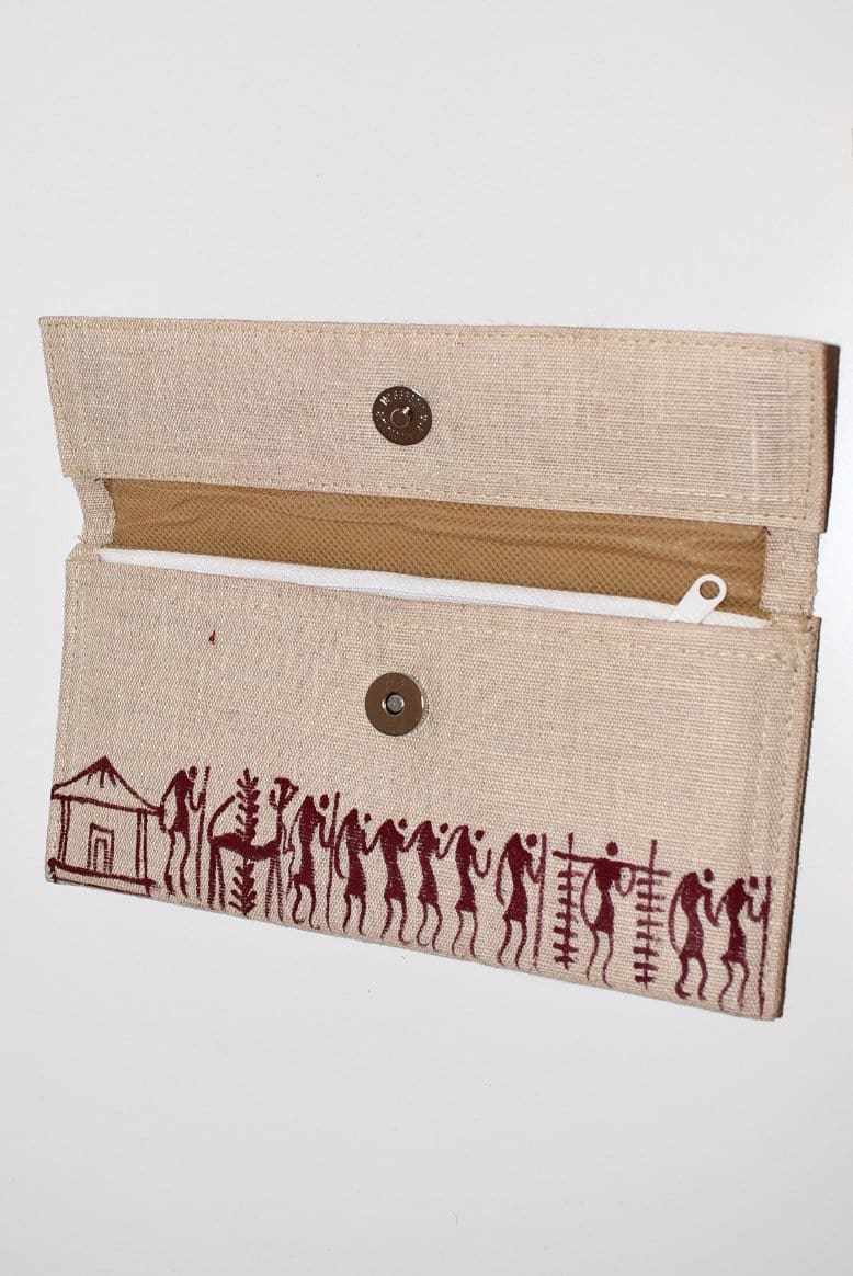 Warli Art Jute & Cloth Clutch