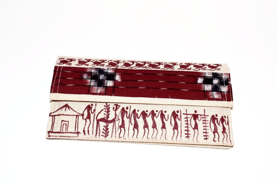 Warli Art Jute & Cloth Clutch - Red